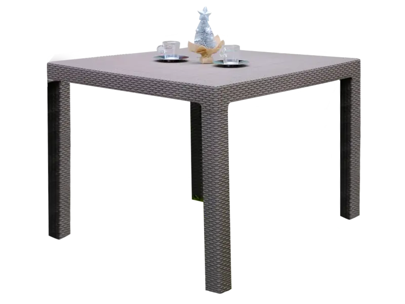 Mesa rectangular de 90x90 cm simil ratán con tablero plástico de altura normal o baja/ratona.