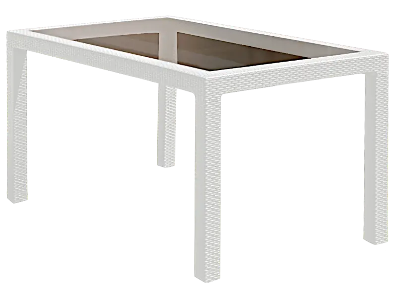 Mesa rectangular de 150x90 cm simil ratán con tablero de vidrio de templado