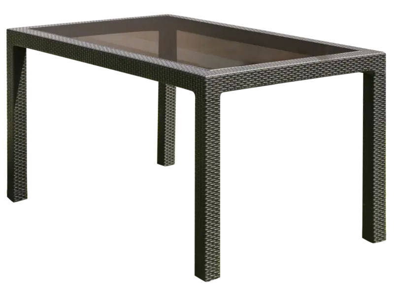 Mesa rectangular de 150x90 cm simil ratán con tablero de vidrio de templado