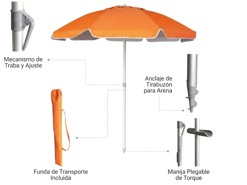 Sombrilla de Playa de 1.8 m. de diámetro con tela de Poliester y estructura de aluminio y fibra de vidrio